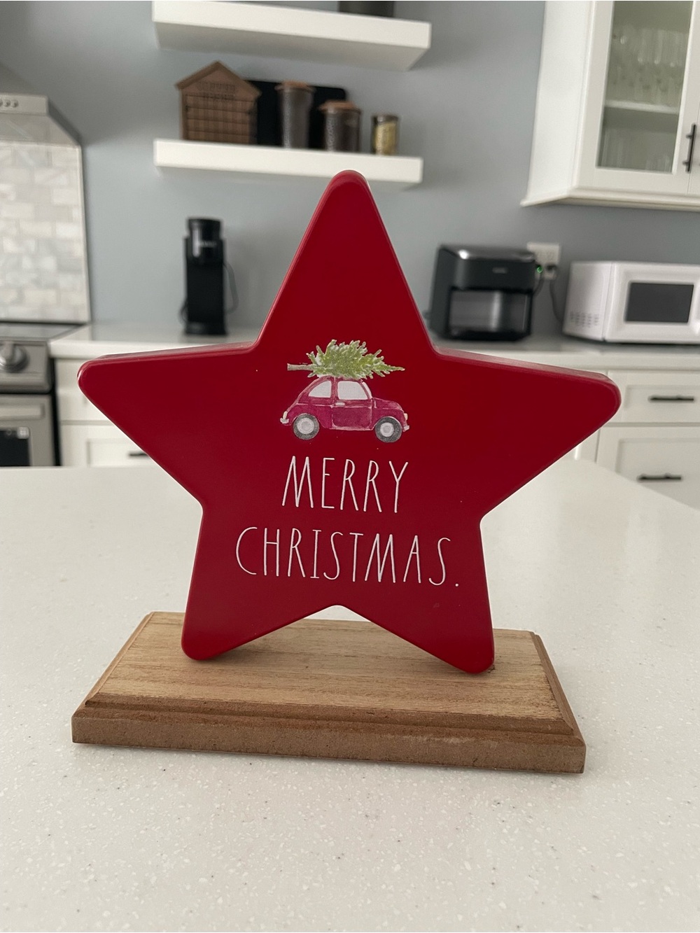 Rae Dunn Merry Christmas Red Star Decor Tree Car Wood Base Holiday Sign